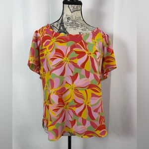 Pleione Floral Flowy Vibrant Pink & Orange, Spring/Summer Blouse - Medium